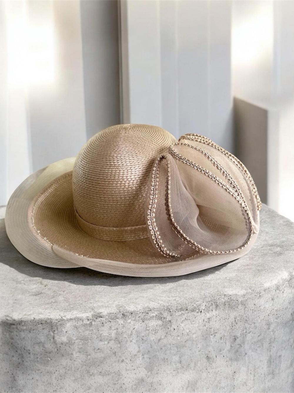 Elegant Beige Wide-Brim Hat with Decorative Trim